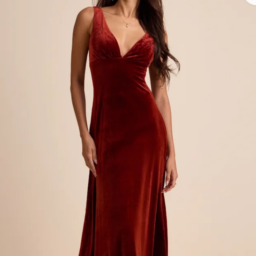 LULUS Decadent Evening Rust Orange Velvet Sleeveless Maxi Dress